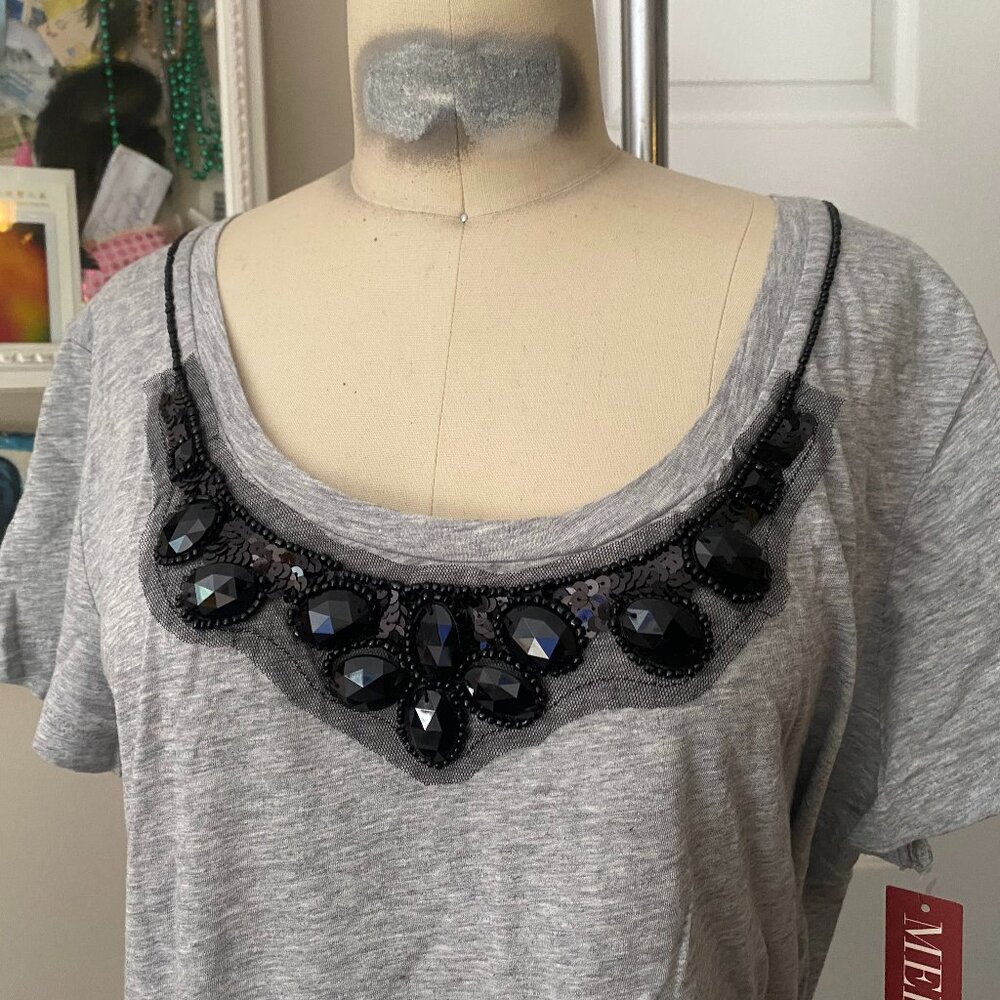 MERONA Heather Gray BLACK Cabochon Beaded Collar Cap Sleeve T-Shirt *2XL* NWT